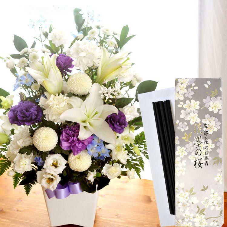 旬のおまかせお供え花Lサイズと宇野千代「淡墨の桜」お線香 お悔やみ