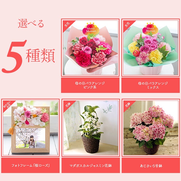 母の日 プレゼント 選べる花ギフト 5種 バラアレンジ アジサイ 花束 花