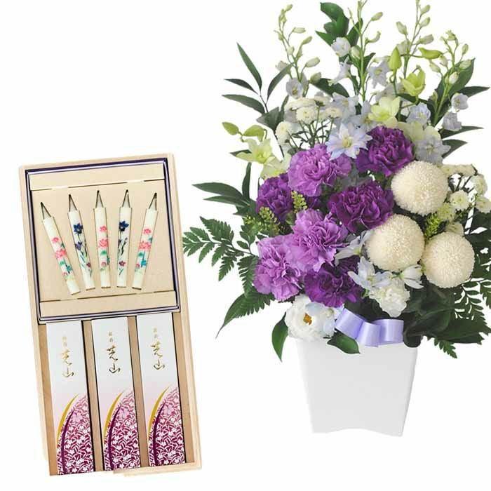 ムーンダストお供えアレンジMサイズ＋日本香堂 芝山 絵ロウソクとお