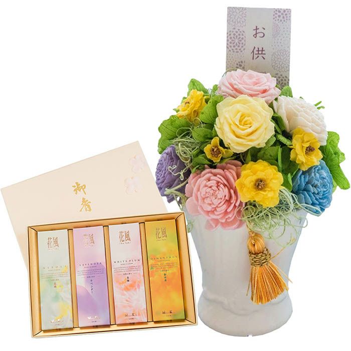 プリザーブドフラワー 花材セット 供花 御供え645 お供えプリザーブドフラワー「メモリアルペール」＋花風4種のお線香