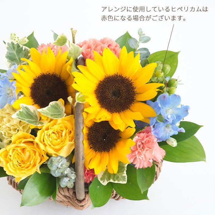 夏限定！バラひまわりバスケットアレンジ