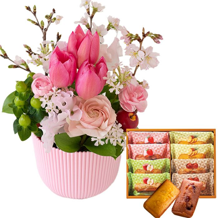 花とスイーツのセット 春限定「桜アレンジ」と「銀座千疋屋」銀座フルーツフィナンシェ 誕生日 アレンジメント スイーツ