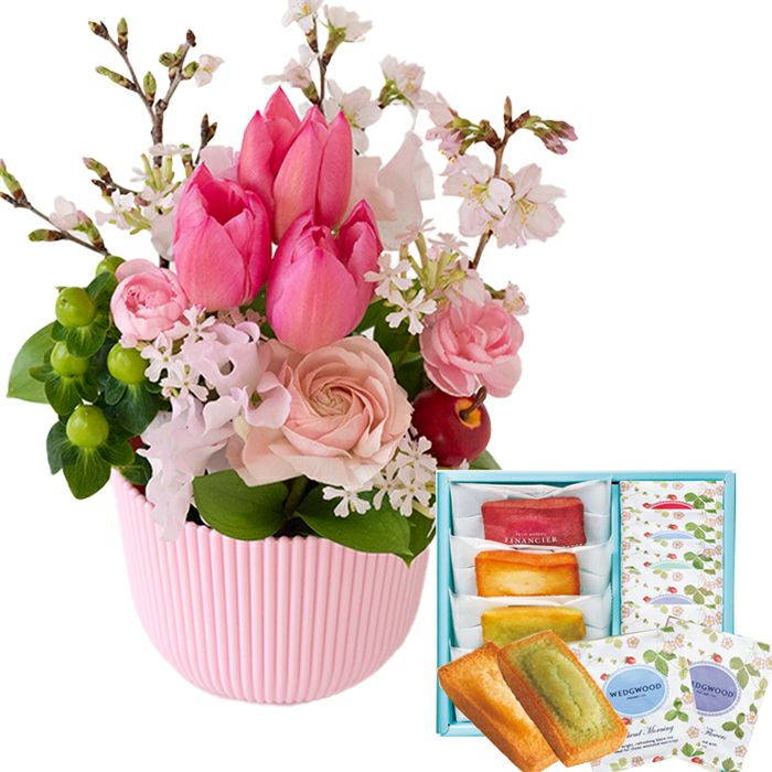 花とスイーツのセット 春限定「桜アレンジ」とフィナンシェ＆WEDGWOODティーバッグ 誕生日 アレンジメント スイーツ