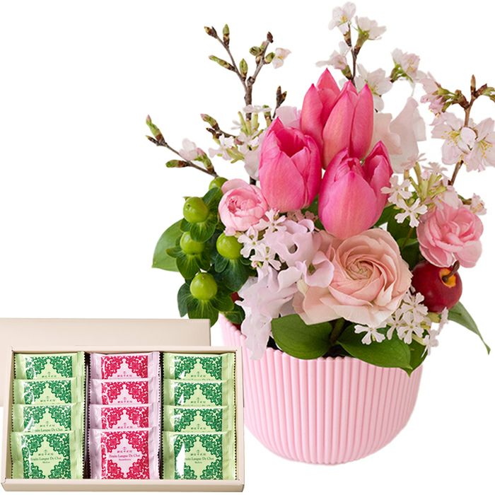 花とスイーツのセット 春限定「桜アレンジ」と「銀座千疋屋」銀座フルーツラング 誕生日 アレンジメント スイーツ
