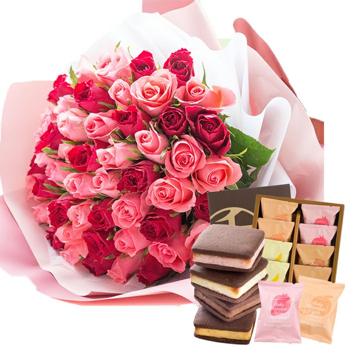 50本ピンク赤バラブーケ　プレゼント お祝い 枯れない花 永生薔薇　特別な人へ バラ50本花束「レッド×ピンク」バイカラーラッピングと「銀座千疋屋